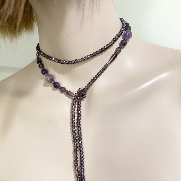 Handmade Amethyst Stone AB Purple Crystal Beads Lariat 40” Necklace - Picture 4 of 16